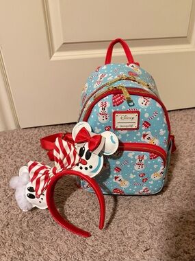 🎄❤️ EUC Loungefly Disney Mickey & Minnie Snowman Mini Backpack & Matching Ears